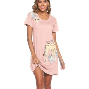 ENJOYNIGHT Womens Nightgown Cotton Sleep Shirt Short Sleeve Nightshirt(Pink Giraffe)