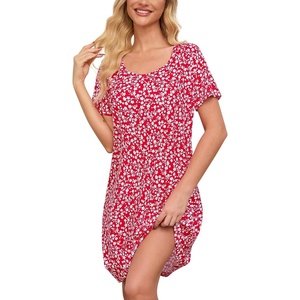 ENJOYNIGHT Womens Nightgown Cotton Sleep Shirt Short Sleeve Nightshirt(Red Floral)