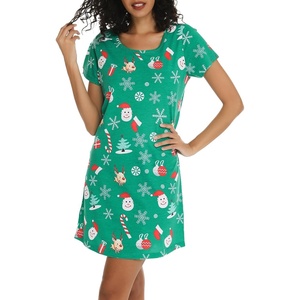 ENJOYNIGHT Womens Nightgown Cotton Sleep Shirt Short Sleeve Nightshirt(Xmas-green)