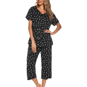 ENJOYNIGHT Womens Pajama Set Cotton Summer Pj Top with Capri Pant Sleepwear(Black Star)