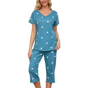 ENJOYNIGHT Womens Pajama Set Cotton Summer Pj Top with Capri Pant Sleepwear(Blue Heart)