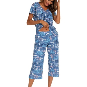 ENJOYNIGHT Womens Pajama Set Cotton Summer Pj Top with Capri Pant Sleepwear(Bule)