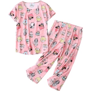 ENJOYNIGHT Womens Pajama Set Cotton Summer Pj Top with Capri Pant Sleepwear(Cat Cup)