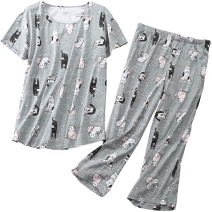 ENJOYNIGHT Womens Pajama Set Cotton Summer Pj Top with Capri Pant Sleepwear(Grey Cat)