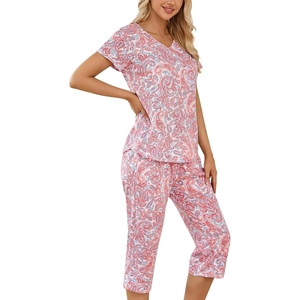 ENJOYNIGHT Womens Pajama Set Cotton Summer Pj Top with Capri Pant Sleepwear(Paisley)
