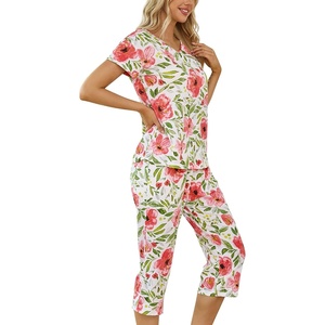 ENJOYNIGHT Womens Pajama Set Cotton Summer Pj Top with Capri Pant Sleepwear(Pink Floral)