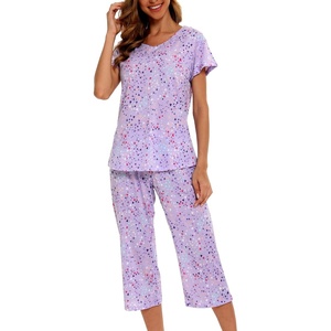 ENJOYNIGHT Womens Pajama Set Cotton Summer Pj Top with Capri Pant Sleepwear(Pu)