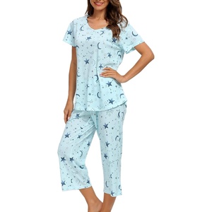 ENJOYNIGHT Womens Pajama Set Cotton Summer Pj Top with Capri Pant Sleepwear(Star)