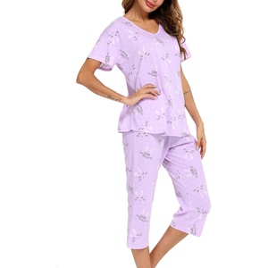 ENJOYNIGHT Womens Pajama Set Cotton Summer Pj Top with Capri Pant Sleepwear(Tuzi)