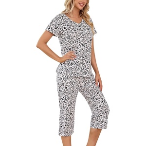 ENJOYNIGHT Womens Pajama Set Cotton Summer Pj Top with Capri Pant Sleepwear(White Leopard)