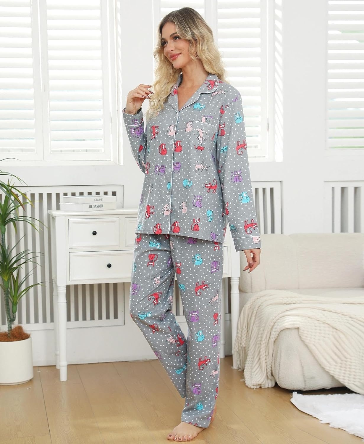 image:imageENJOYNIGHT Womens Cotton Flannel Pajamas Set Plaid Button Pjs Long SleeveGrey Cat