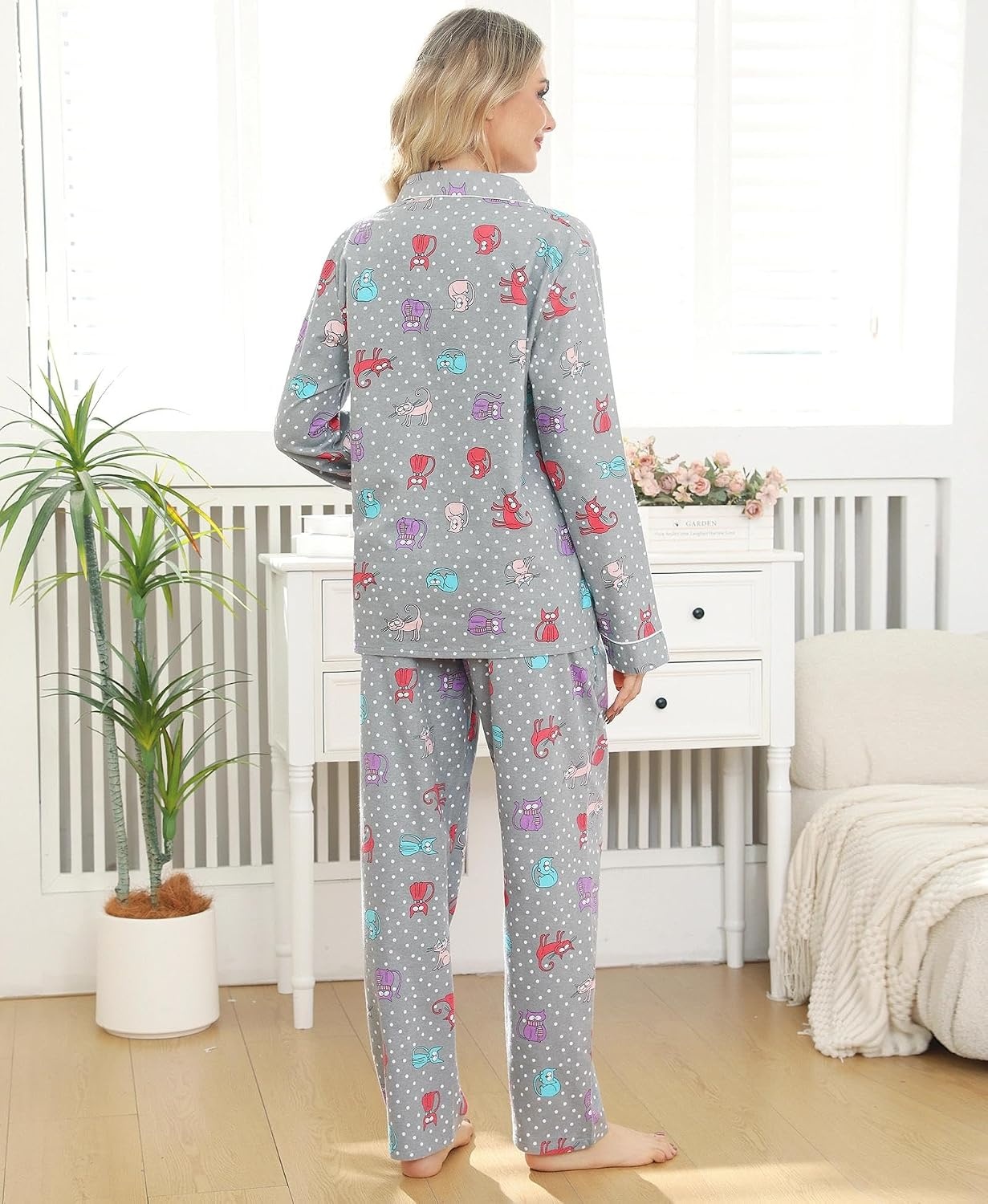 image:imageENJOYNIGHT Womens Cotton Flannel Pajamas Set Plaid Button Pjs Long SleeveGrey Cat