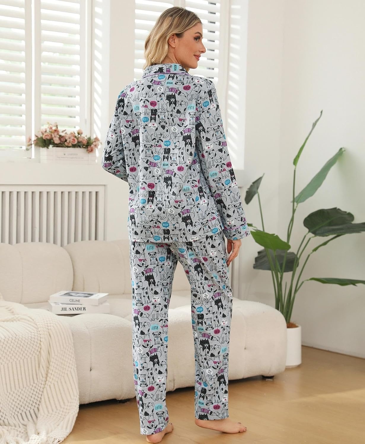 image:imageENJOYNIGHT Womens Cotton Flannel Pajamas Set Plaid Button Pjs Long SleeveGrey Dog