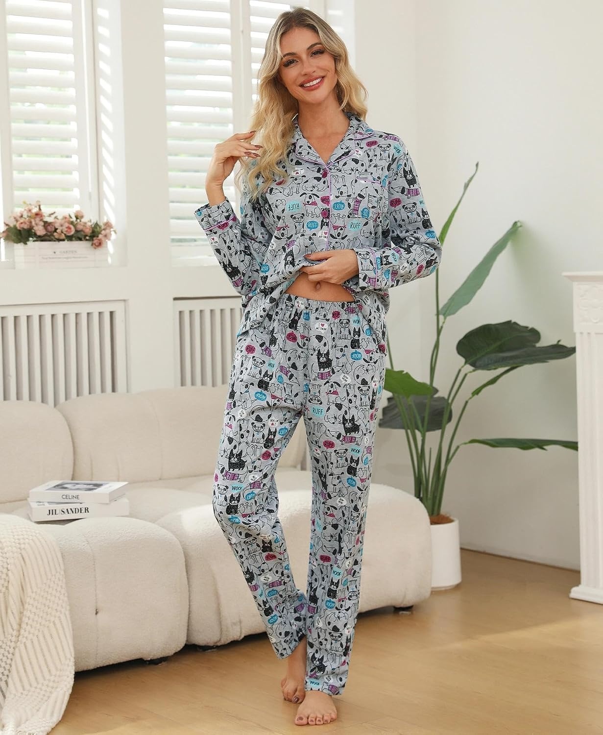 image:imageENJOYNIGHT Womens Cotton Flannel Pajamas Set Plaid Button Pjs Long SleeveGrey Dog