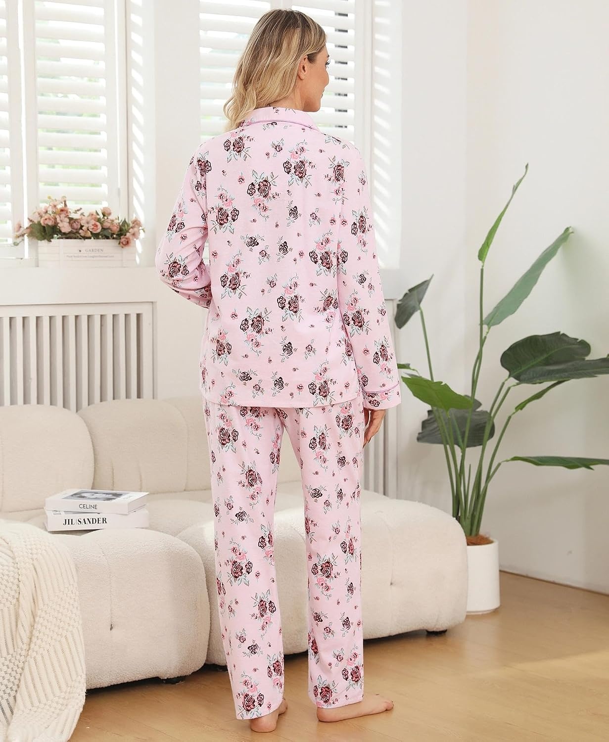 image:imageENJOYNIGHT Womens Cotton Flannel Pajamas Set Plaid Button Pjs Long SleevePink Floral