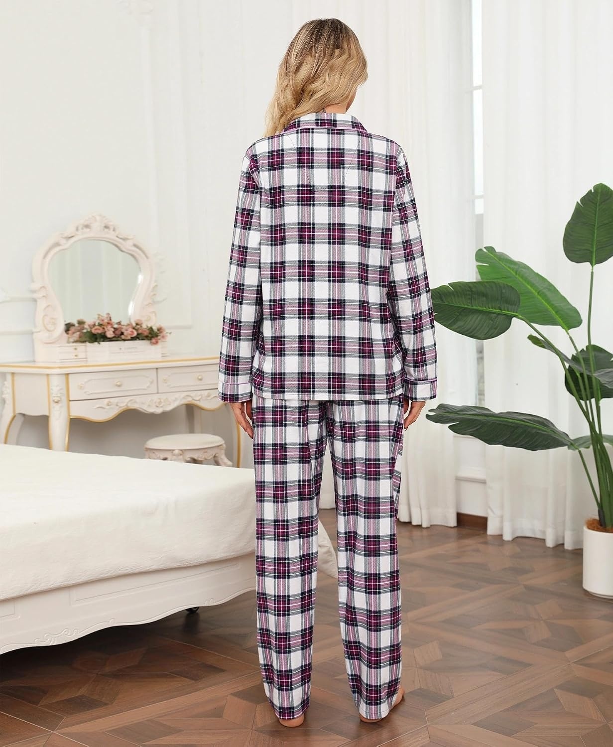 image:imageENJOYNIGHT Womens Cotton Flannel Pajamas Set Plaid Button Pjs Long SleevePurple Plaid