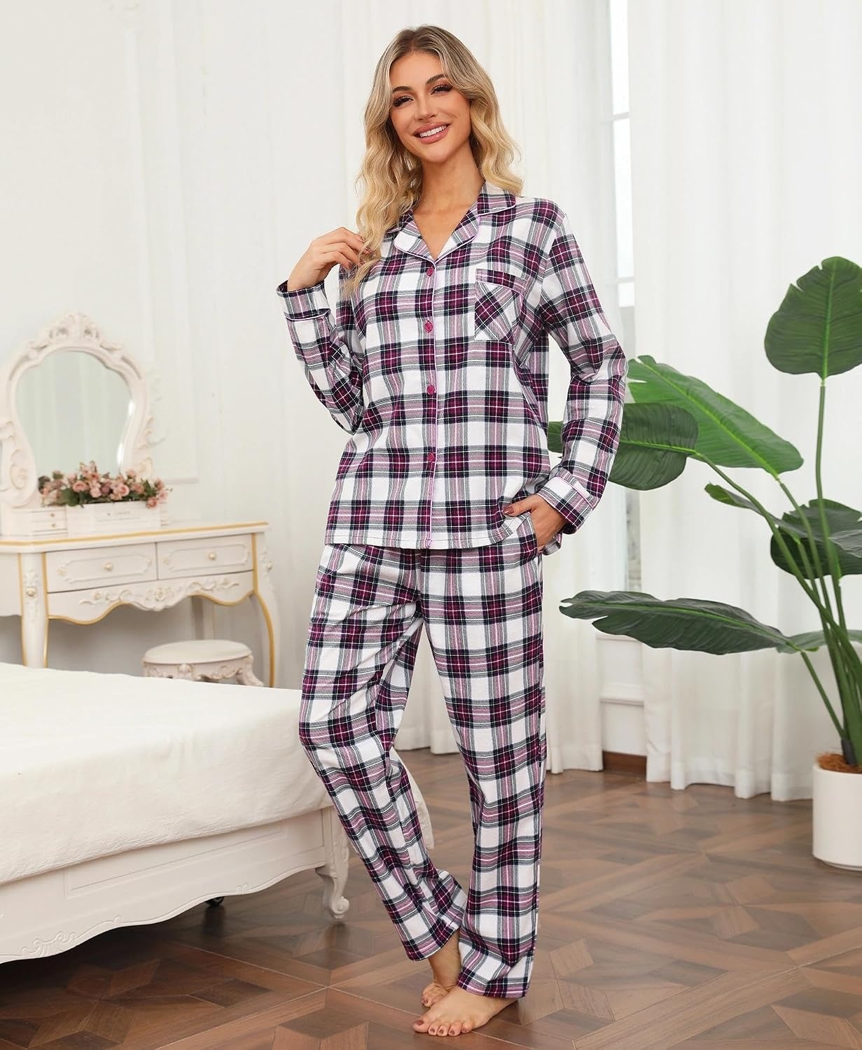 image:imageENJOYNIGHT Womens Cotton Flannel Pajamas Set Plaid Button Pjs Long SleevePurple Plaid