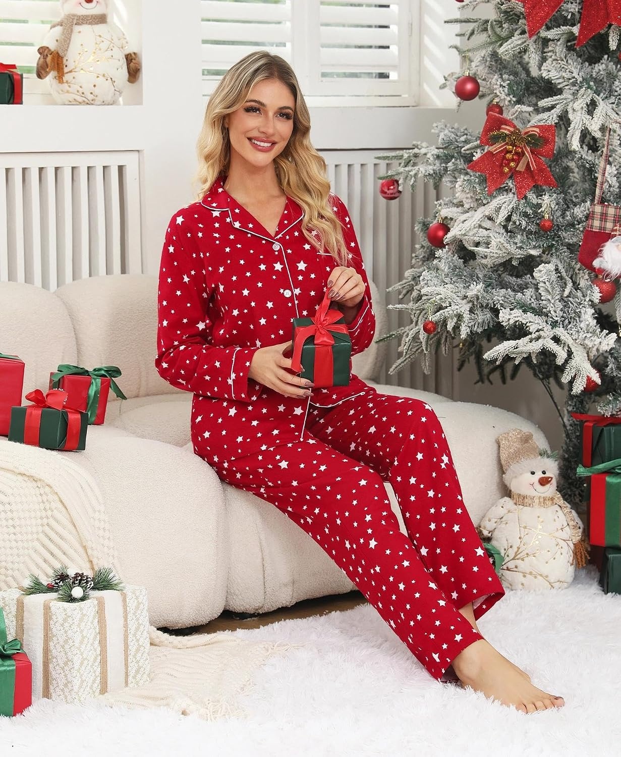 image:imageENJOYNIGHT Womens Cotton Flannel Pajamas Set Plaid Button Pjs Long SleeveRed Star
