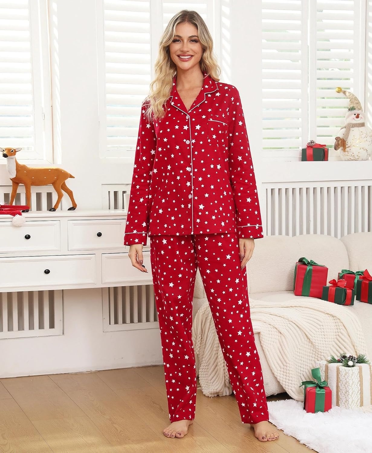 image:imageENJOYNIGHT Womens Cotton Flannel Pajamas Set Plaid Button Pjs Long SleeveRed Star