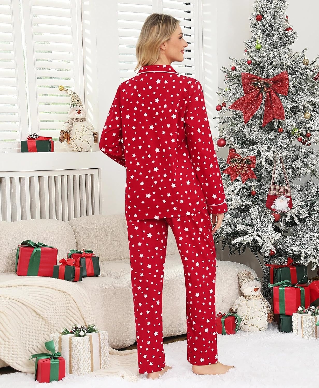 image:imageENJOYNIGHT Womens Cotton Flannel Pajamas Set Plaid Button Pjs Long SleeveRed Star