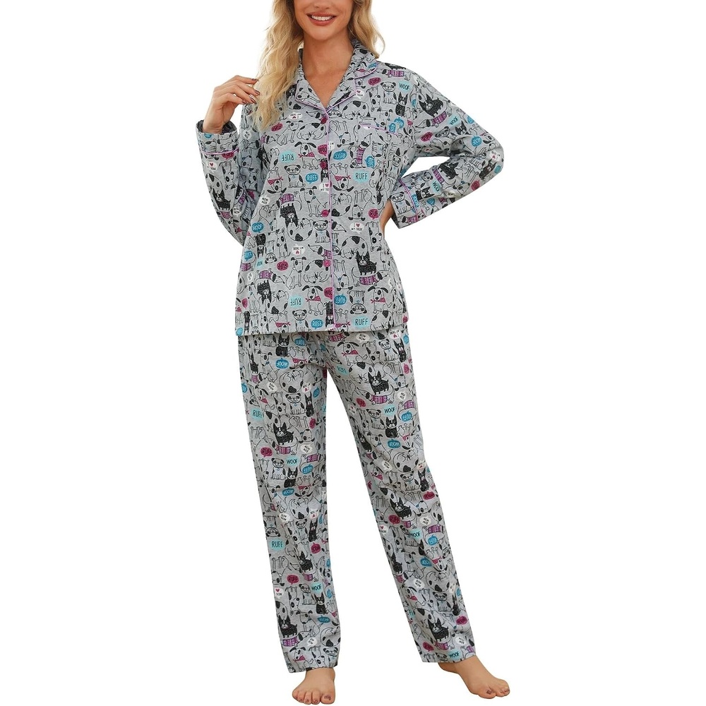 image:imageENJOYNIGHT Womens Cotton Flannel Pajamas Set Plaid Button Pjs Long SleeveGrey Dog