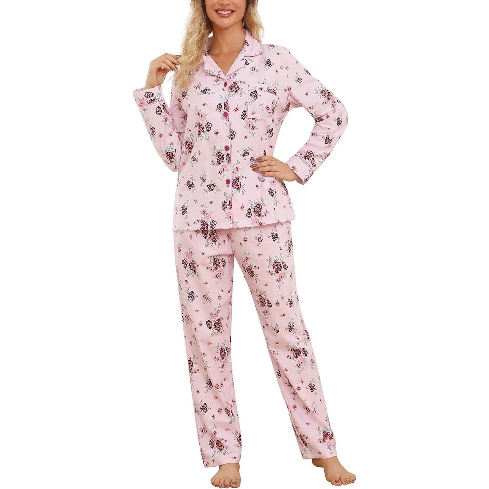 image:imageENJOYNIGHT Womens Cotton Flannel Pajamas Set Plaid Button Pjs Long SleevePink Floral