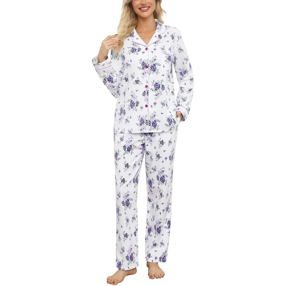 image:imageENJOYNIGHT Womens Cotton Flannel Pajamas Set Plaid Button Pjs Long SleevePurple Floral