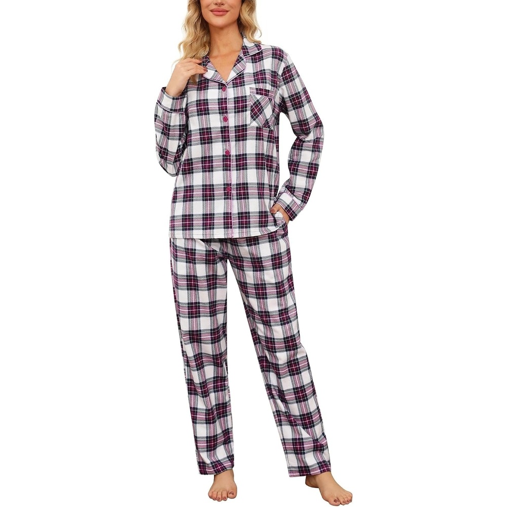 image:imageENJOYNIGHT Womens Cotton Flannel Pajamas Set Plaid Button Pjs Long SleevePurple Plaid