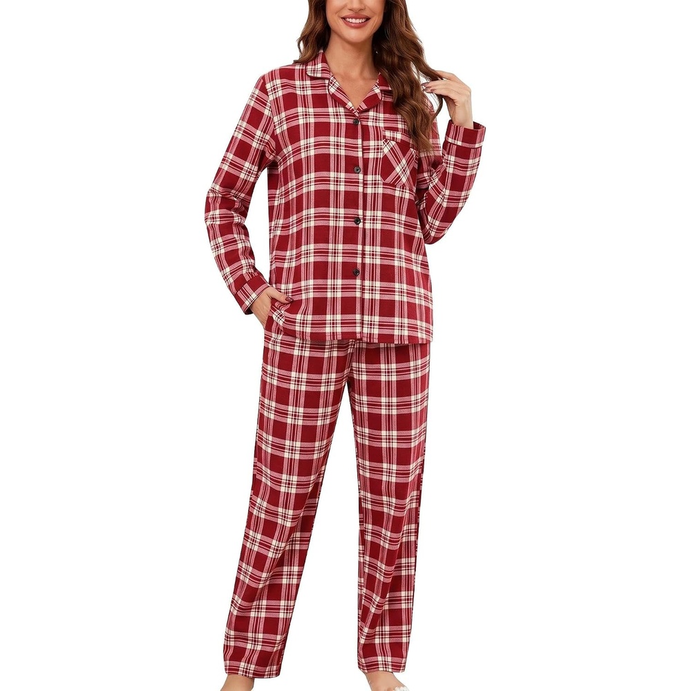 image:imageENJOYNIGHT Womens Cotton Flannel Pajamas Set Plaid Button Pjs Long SleeveBrown Plaid