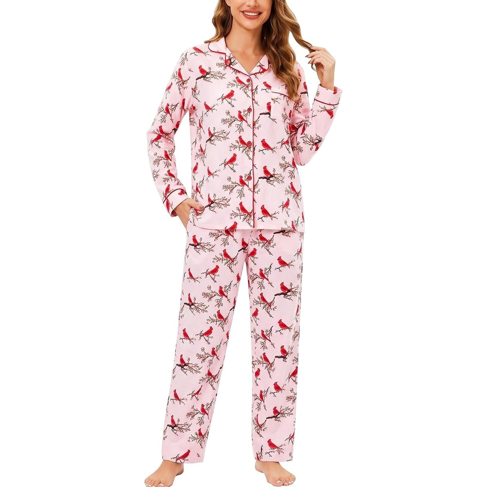image:imageENJOYNIGHT Womens Cotton Flannel Pajamas Set Plaid Button Pjs Long SleevePink Bird