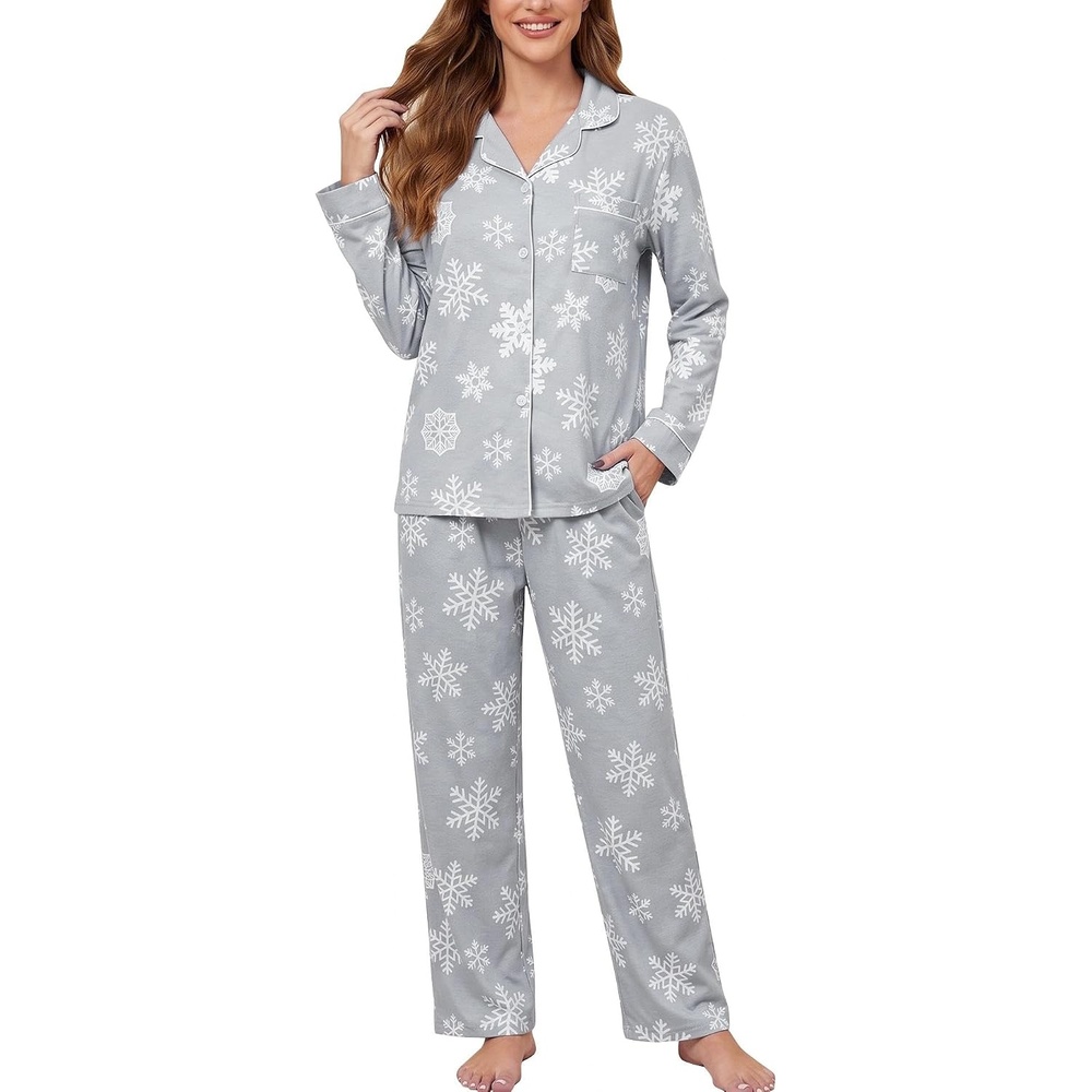 image:imageENJOYNIGHT Womens Cotton Flannel Pajamas Set Plaid Button Pjs Long SleeveSnowflake