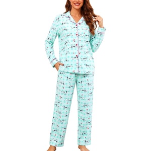 ENJOYNIGHT Womens Cotton Flannel Pajamas Set Plaid Button Pjs Long Sleeve(Blue Dog)