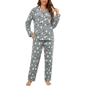 ENJOYNIGHT Womens Cotton Flannel Pajamas Set Plaid Button Pjs Long Sleeve(Grey Penguin)