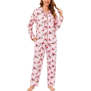 ENJOYNIGHT Womens Cotton Flannel Pajamas Set Plaid Button Pjs Long Sleeve(Pink Bird)