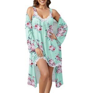 ENJOYNIGHT Women’s Robe Set Sexy V-Neck Camisole Lingerie Nightgown(Green Floral)