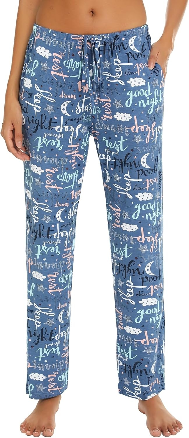 image:imageENJOYNIGHT Women Cotton Lounge Pants Comfy Pajama Bottoms With PocketsBlue Night