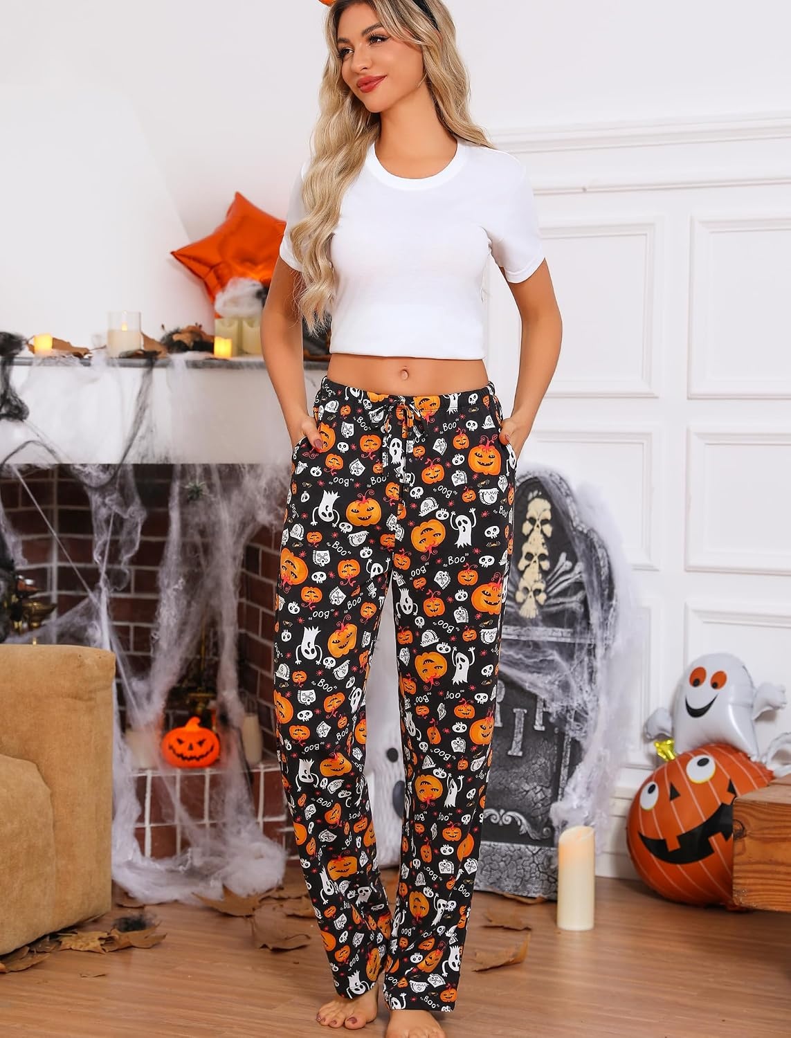 image:imageENJOYNIGHT Women Cotton Lounge Pants Comfy Pajama Bottoms With PocketsBpumpkin