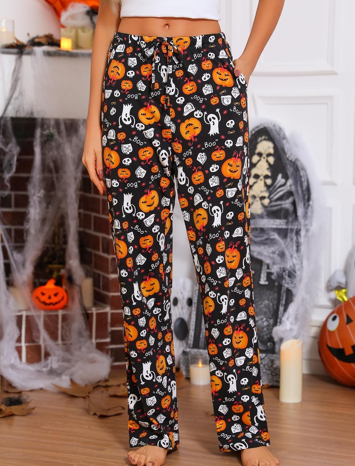 image:imageENJOYNIGHT Women Cotton Lounge Pants Comfy Pajama Bottoms With PocketsBpumpkin