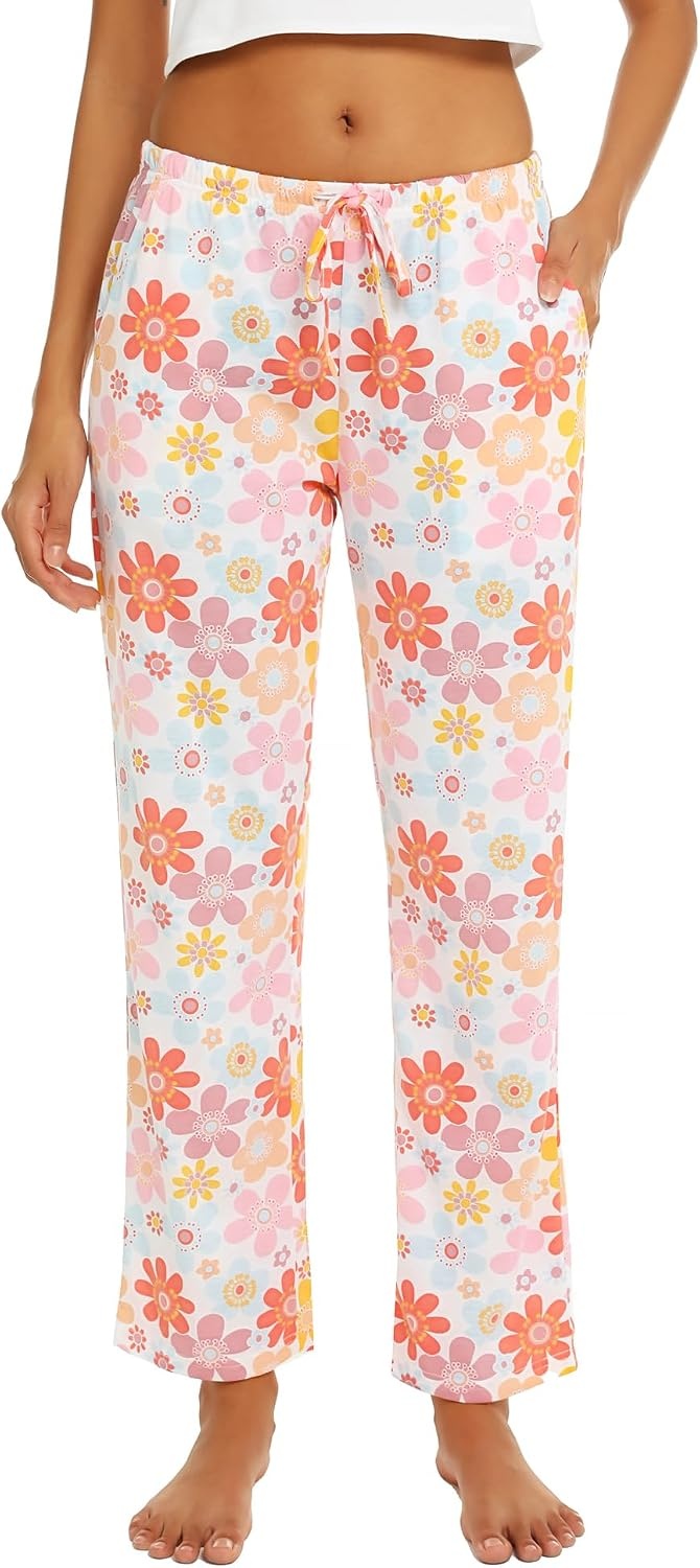 image:imageENJOYNIGHT Women Cotton Lounge Pants Comfy Pajama Bottoms With PocketsPink Flower