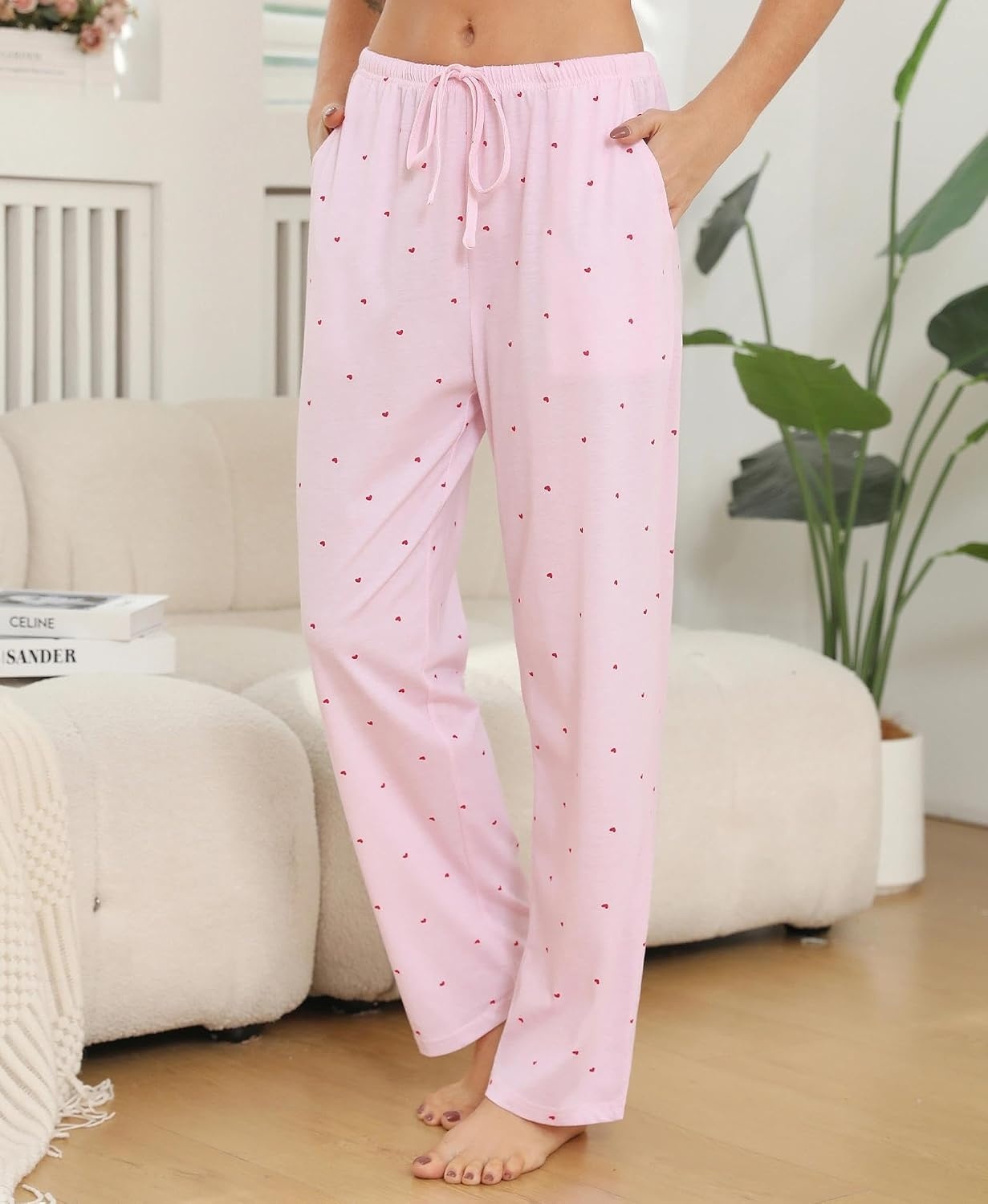 image:imageENJOYNIGHT Women Cotton Lounge Pants Comfy Pajama Bottoms With PocketsPink Heart