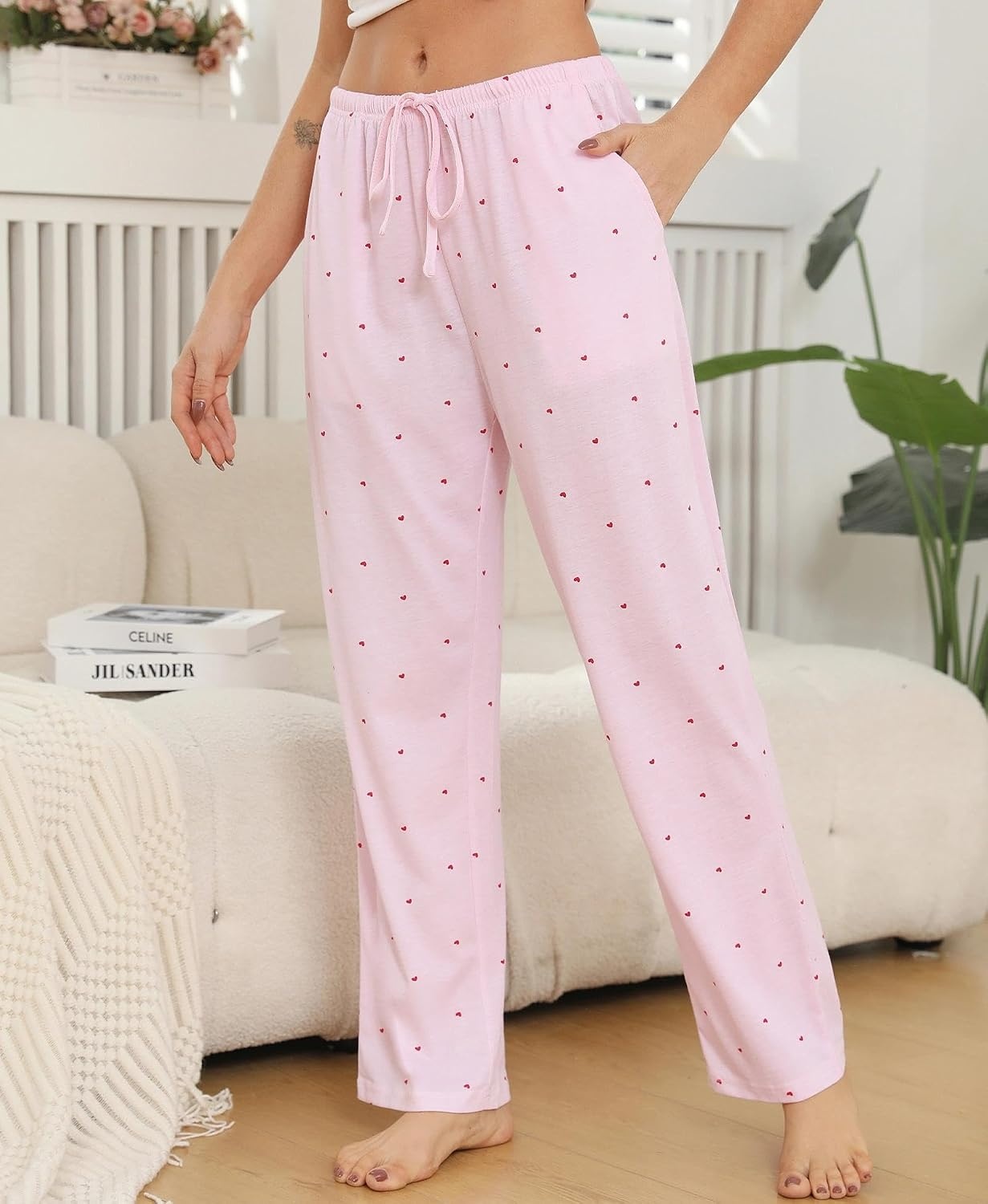 image:imageENJOYNIGHT Women Cotton Lounge Pants Comfy Pajama Bottoms With PocketsPink Heart