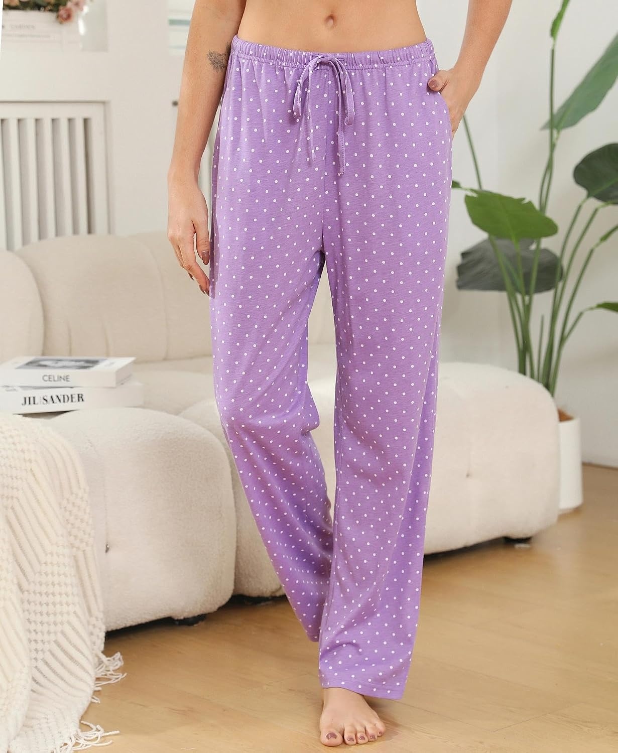 image:imageENJOYNIGHT Women Cotton Lounge Pants Comfy Pajama Bottoms With PocketsPurple Dots