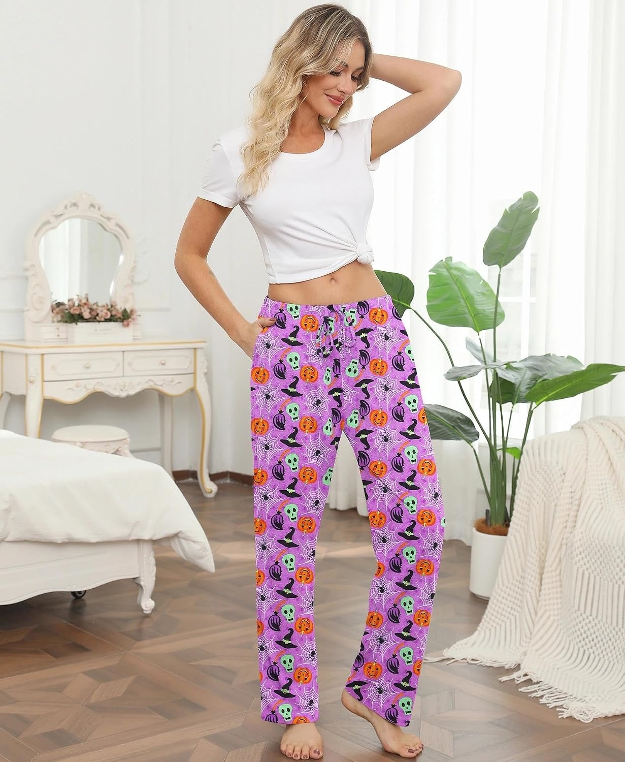 image:imageENJOYNIGHT Women Cotton Lounge Pants Comfy Pajama Bottoms With PocketsPurple Spider