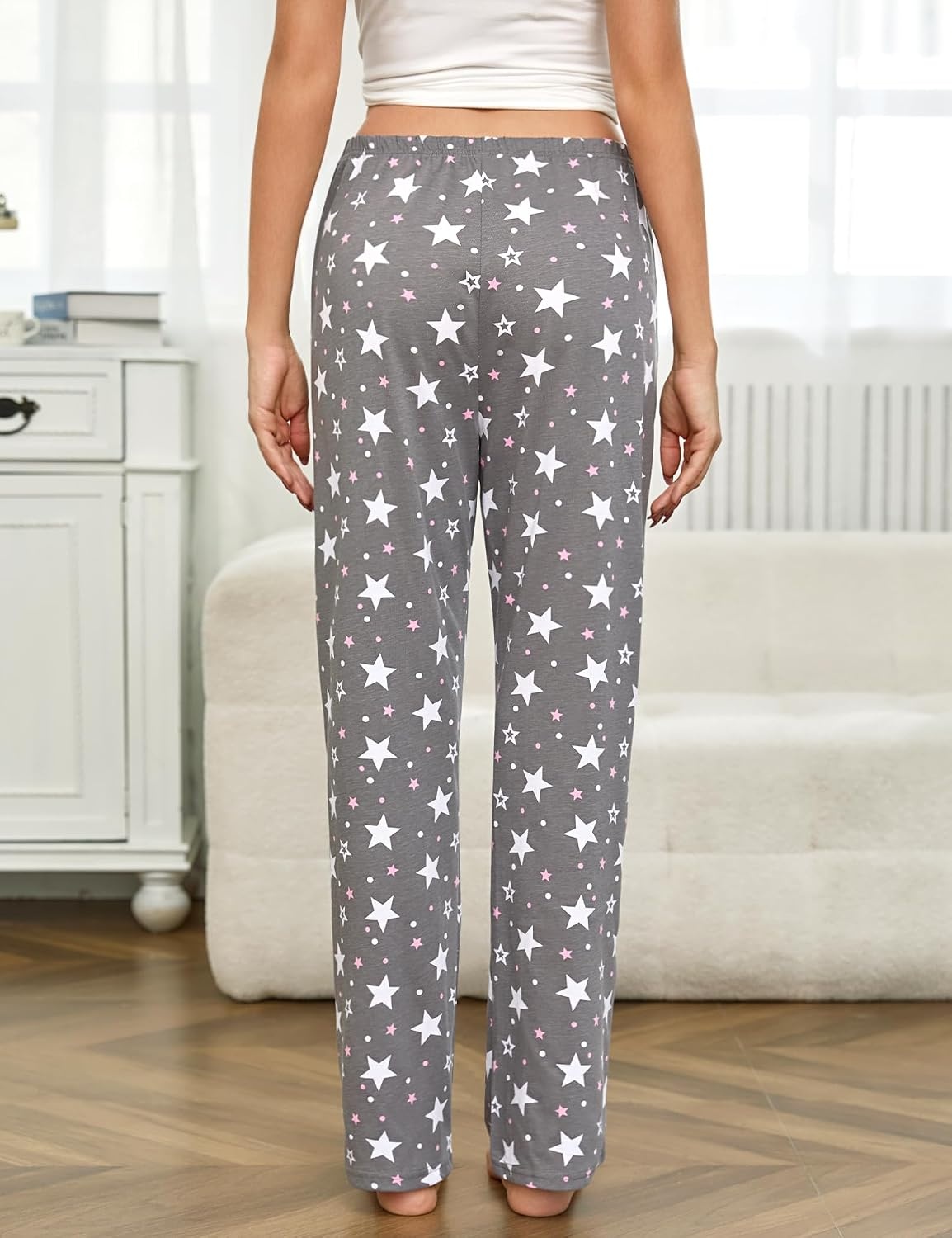 image:imageENJOYNIGHT Women Cotton Lounge Pants Comfy Pajama Bottoms With PocketsWhite Star