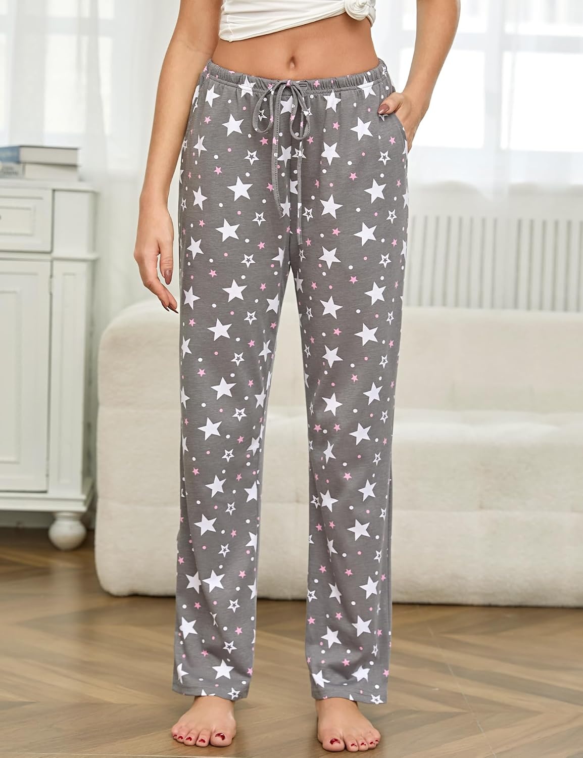 image:imageENJOYNIGHT Women Cotton Lounge Pants Comfy Pajama Bottoms With PocketsWhite Star