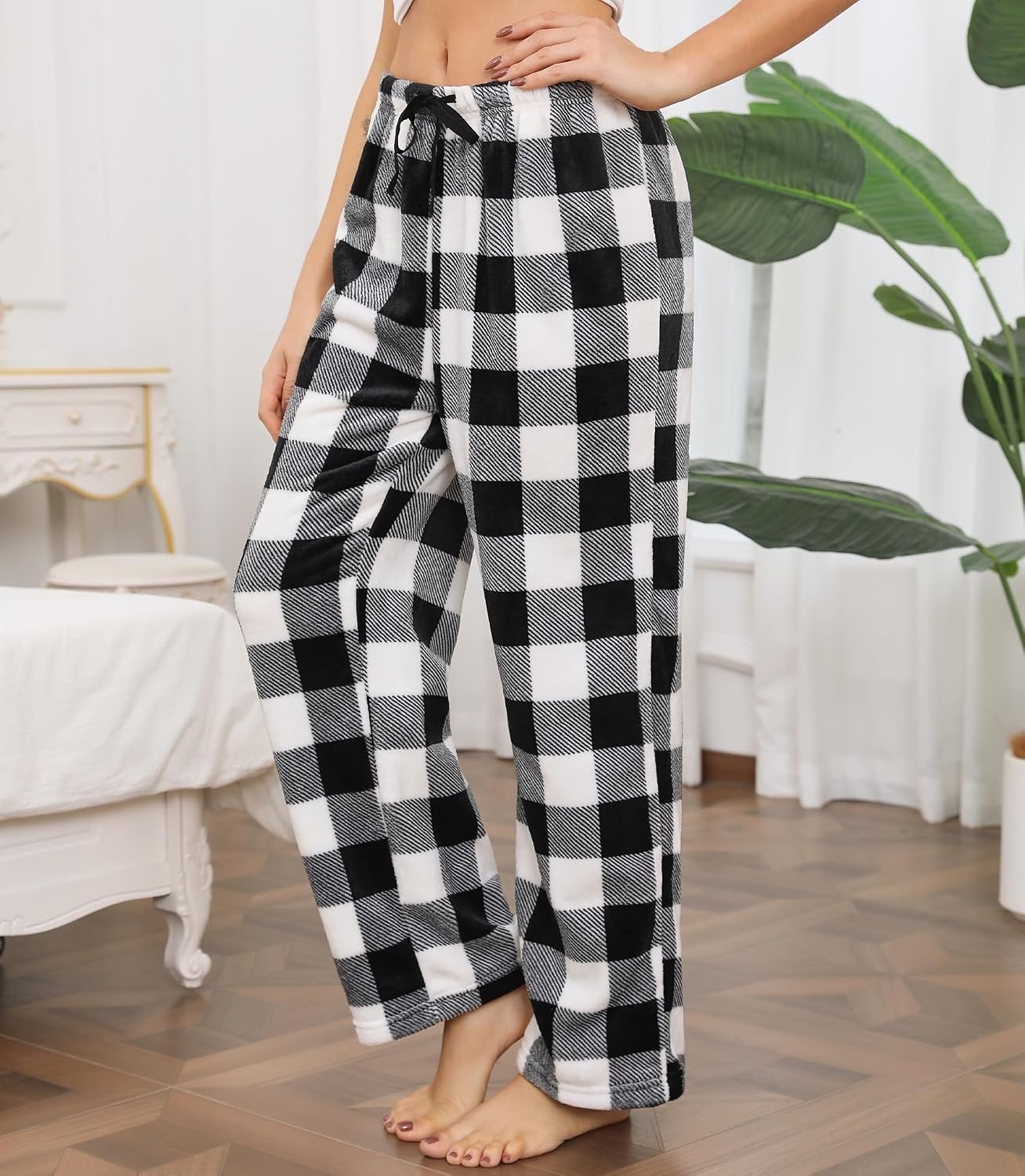 image:imageENJOYNIGHT Women Fleece Pajama Pant Fluffy Sleep Bottoms Plush Lounge PjsBlack Lattice