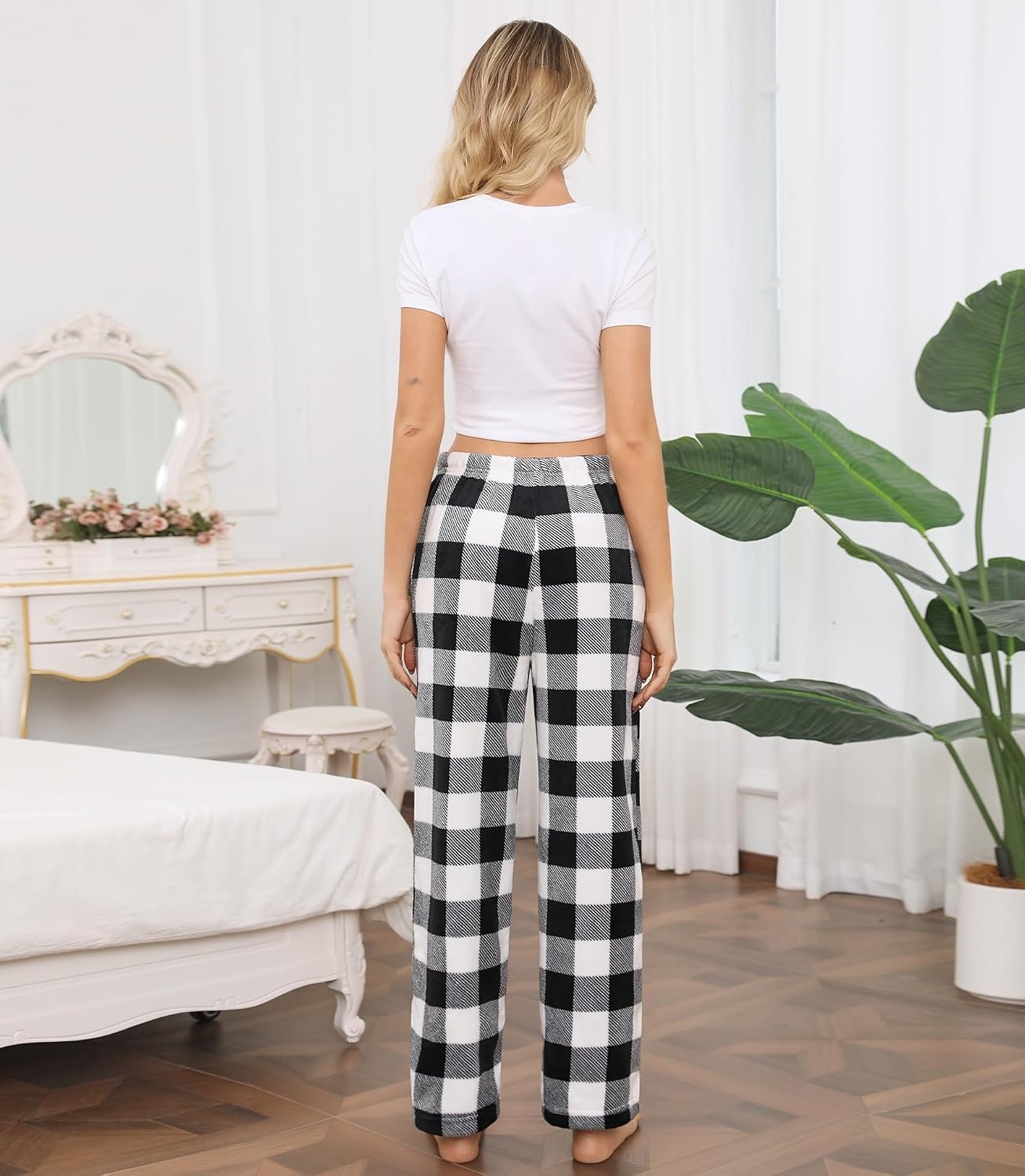 image:imageENJOYNIGHT Women Fleece Pajama Pant Fluffy Sleep Bottoms Plush Lounge PjsBlack Lattice