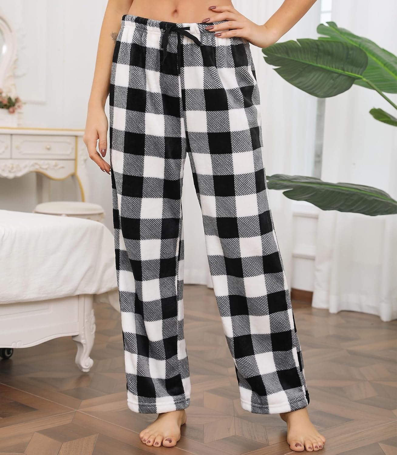 image:imageENJOYNIGHT Women Fleece Pajama Pant Fluffy Sleep Bottoms Plush Lounge PjsBlack Lattice