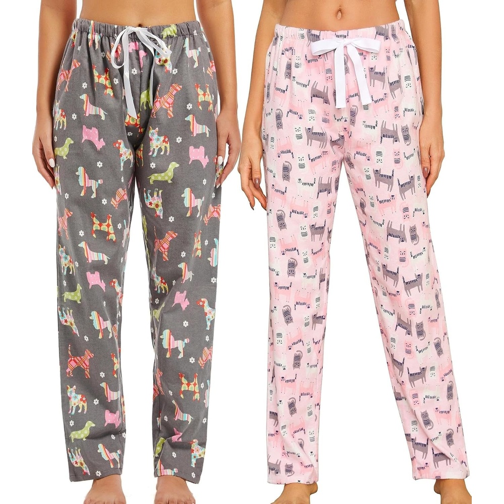 image:imageENJOYNIGHT 2 Pack Womens Flannel Pajama Pants Lounge Plaid Sleep BottomsGrey Dogpink Cat