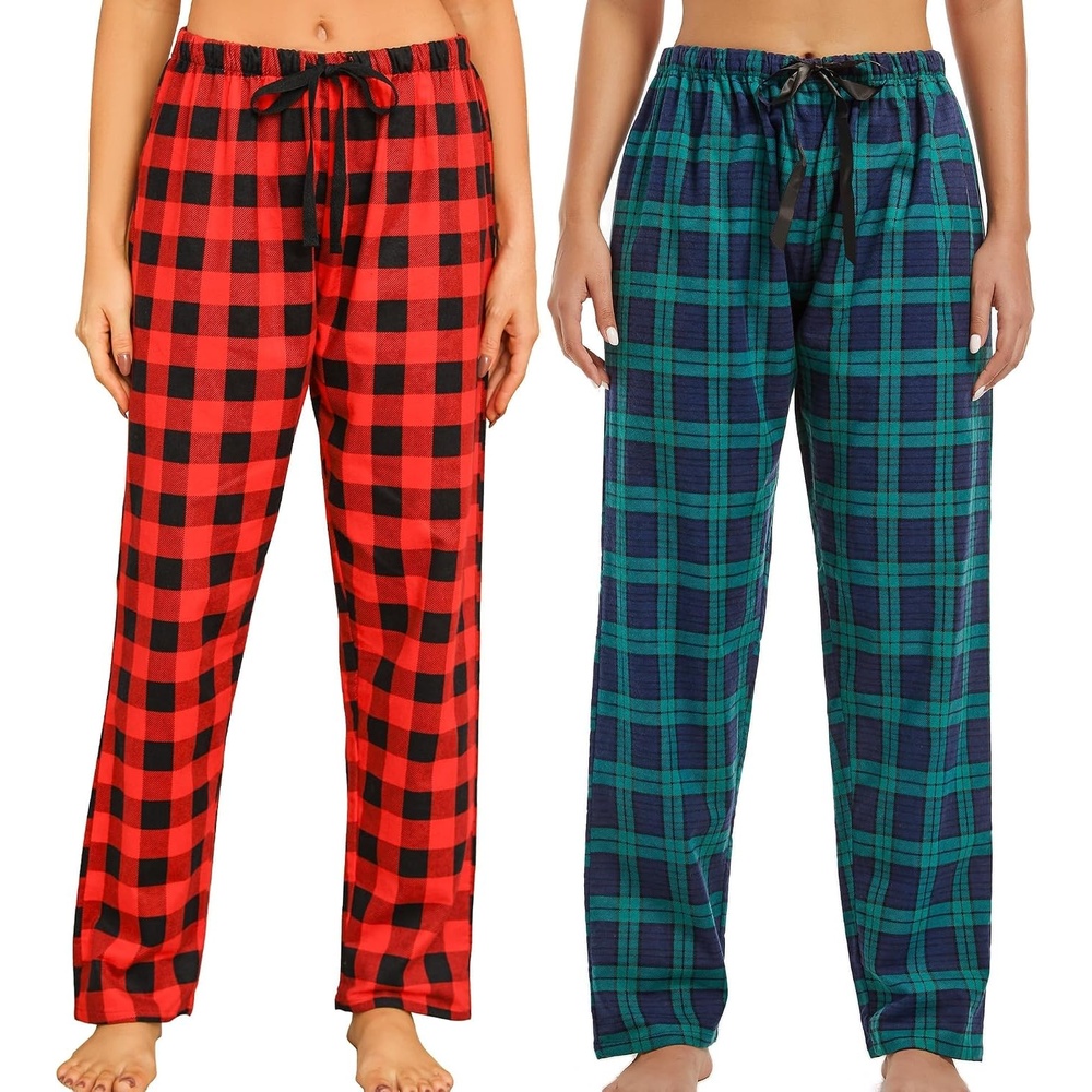 image:imageENJOYNIGHT 2 Pack Womens Flannel Pajama Pants Lounge Plaid Sleep BottomsRedblue
